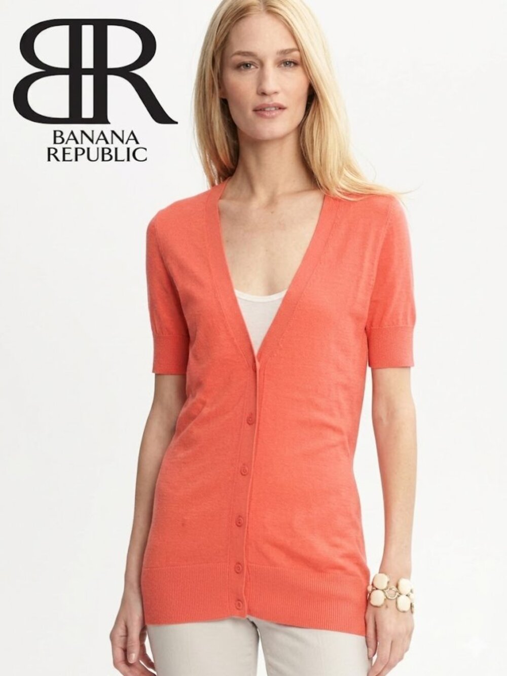 Banana Republic - Coral Short-Sleeve Cotton Slub Cardigan - Size M